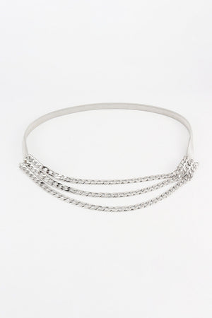 Silver chain cascade belt with three dangling chains.