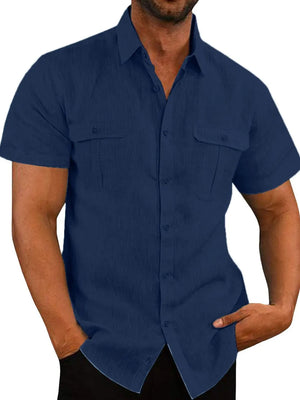 Men's navy textured linen short sleeve utility shirt with two chest pockets.