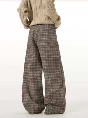 Men's brown plaid wide-leg sweatpants with a casual fit.