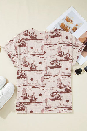 Desert Sand Print Short Sleeve Knit Top in Dust Storm, model styling view