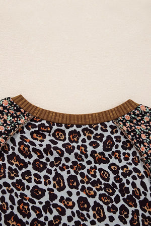 Leopard Floral Print Ribbed Puff Sleeve Sweatshirt in Brown, fit detail
