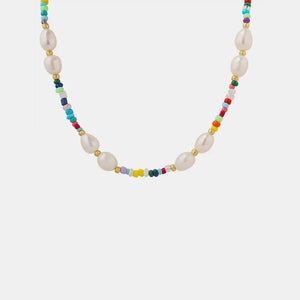Gold choker necklace with baroque pearls and colorful seed beads