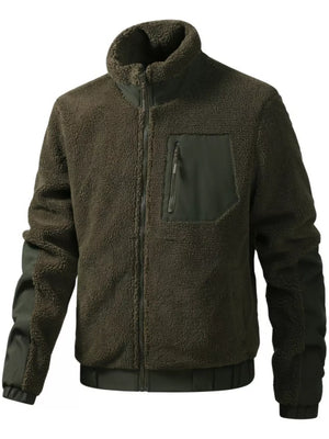 Cozy sherpa fleece zip-up jacket in army green with zip chest pocket and contrast sleeves.