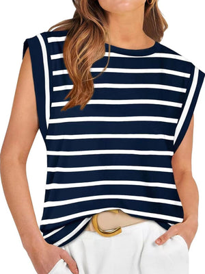 Dark blue and white striped sleeveless tank top with crew neck.