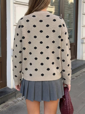 Polka Dot Dropped Shoulder Sweater in Khaki, fabric detail