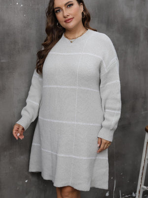 Gray grid-stitch sweater dress with subtle flare and crew neck.