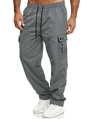 Gray cargo pants with adjustable waist and drawstring, featuring multiple pockets.
