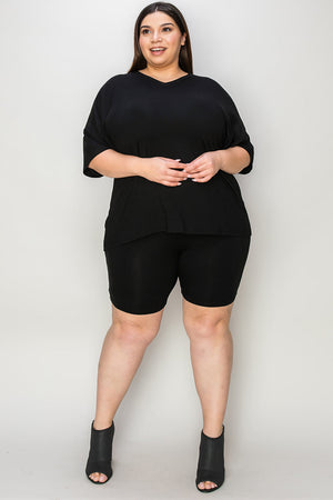 Black bamboo loungewear set with relaxed fit v-neck tee and biker shorts.