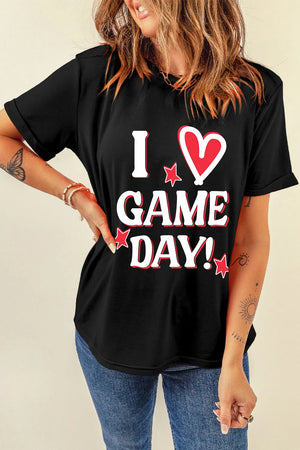 Black graphic tee with "I Love Game Day!" text and heart detail