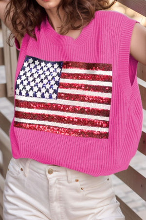 Fuchsia pink knit tank top with sequin American flag detail.