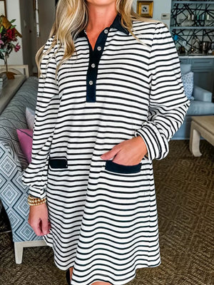 Striped collared long sleeve dress with pockets and button detail.