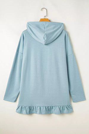 Solid Ruffled Hem Loose Fit Tunic Hoodie in Light Blue, back view