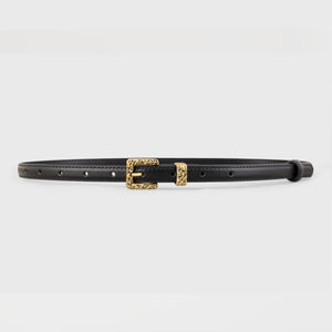 Black cowhide leather belt with ornate gold buckle detail.