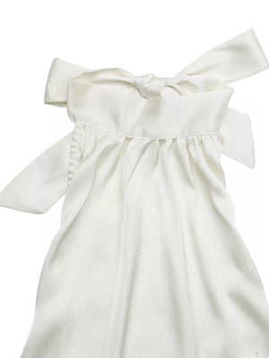White satin tank top with gathered neckline and bow shoulder ties
