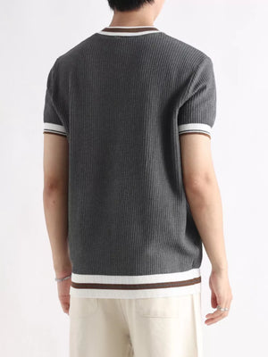 Textured ribbed crew neck t-shirt in silver gray with white and brown trim on sleeves and hem.
