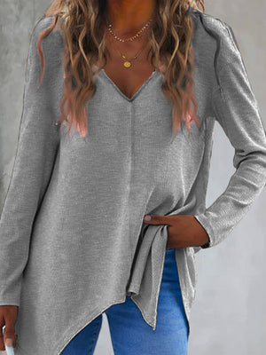 Dark Gray ribbed knit tunic top with V-neck and asymmetric hem