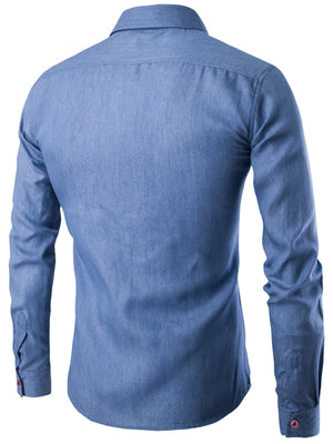 Men's light blue 100% cotton casual slim fit denim shirt, back view.