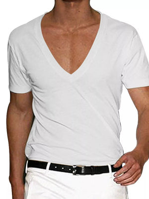 Men's Full Size Deep V-neck T-shirt Plus Size in Khakis, fit detail