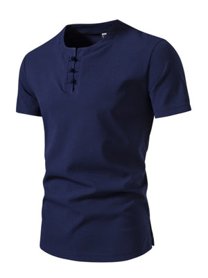 Men's dark blue cotton casual henley t-shirt with button detail