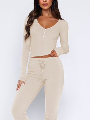 Beige ribbed loungewear set with henley top and drawstring pants