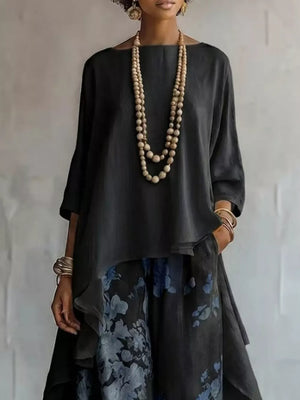 Asymmetrical Hem Top And Floral Pants Set, model styling view
