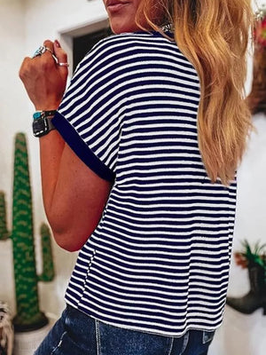 Classic Striped Crew Neck T-shirt in Dark Gray, fit detail