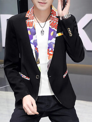 Men's black slim fit blazer with vibrant comic print lining and trim.