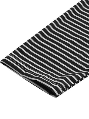 Raglan stripe henley tee in black and white with button detail.