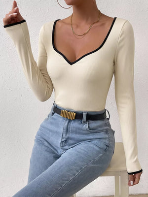 Ribbed Sweetheart Neckline Long Sleeve Bodysuit in Apricot, back view