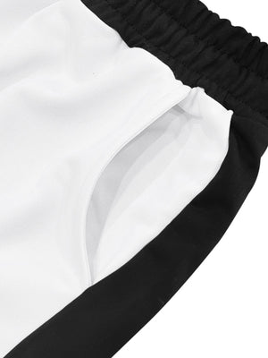 White sweatpants with black side stripe detail and pocket.