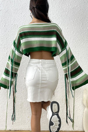 Cropped knit sweater with multicolor stripes and fringe details on sleeves.