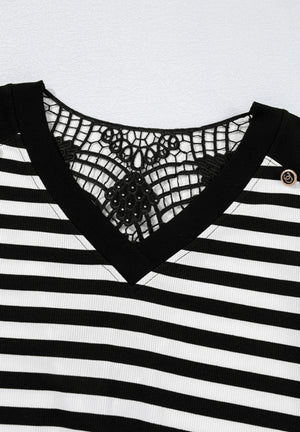 Black and white striped blouse with V-neck and black lace detail on back.