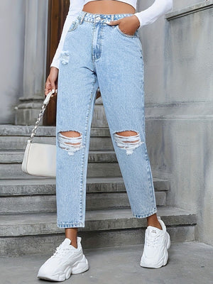 Light wash distressed boyfriend jeans with ripped knees and a bow detail.