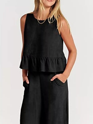 Ruffled Hem Sleeveless Top And Wide-leg Pants Set Plus Size in Black, fit detail