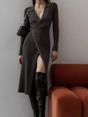 Wrap-front ribbed knit midi dress in dust storm with collared neckline and high slit, styled with black boots.