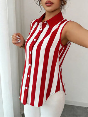 Red and white striped collared sleeveless shirt with button front.