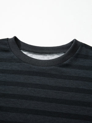 Dark gray striped crew neck pajama top with ribbed collar and cuffs.