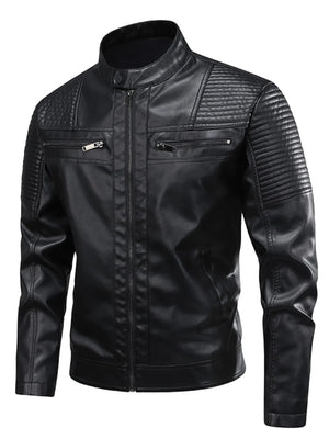Black leather motorcycle jacket with quilted shoulder and sleeve details and zippered pockets.