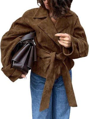Brown faux suede tie-waist jacket with wide lapels and a belted closure.