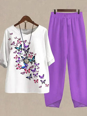 White half sleeve top with butterfly print and purple pants set