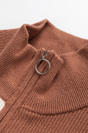 Colorblock ribbed mini dress in terracotta with zip-neck detail