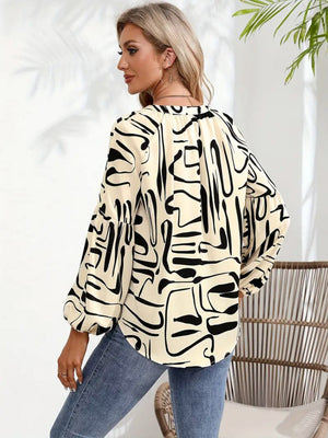 Women's cream abstract scribble print blouson sleeve top