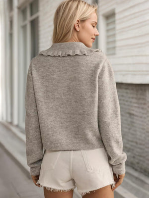 Light Gray knit cardigan with a frilled collar and button front, shown from the back.