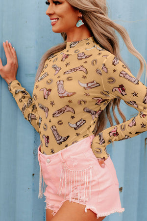 Mustard mesh bodysuit with western print, mock neck, and long sleeves.