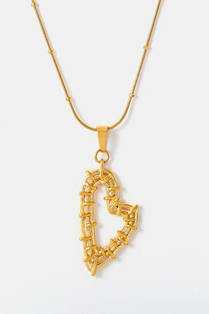 Gold woven heart pendant necklace with beaded chain