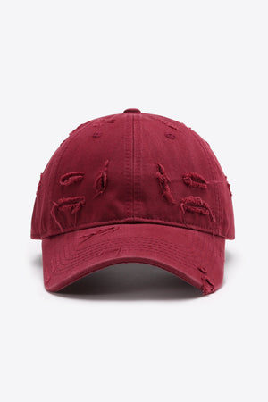 Deep Red distressed baseball cap with frayed details