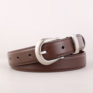 Brown cowhide leather belt with silver buckle and stitching detail.