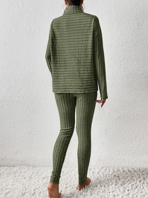 Matcha green ribbed turtleneck lounge set with horizontal texture on top and vertical on pants.