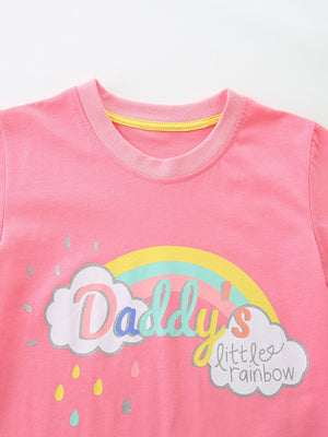 Pink cotton t-shirt with rainbow and cloud graphic that says Daddy's Little Rainbow