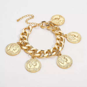 Chunky gold-plated bracelet with coin charms and adjustable chain
